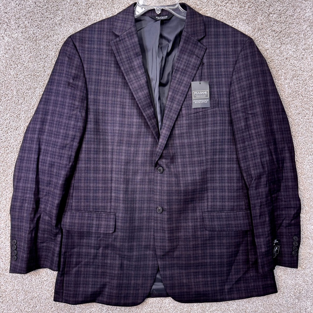 Jos. A. Bank Sport Coat Mens 46L Wool Traveler Tailored Fit Purple Plaid NEW